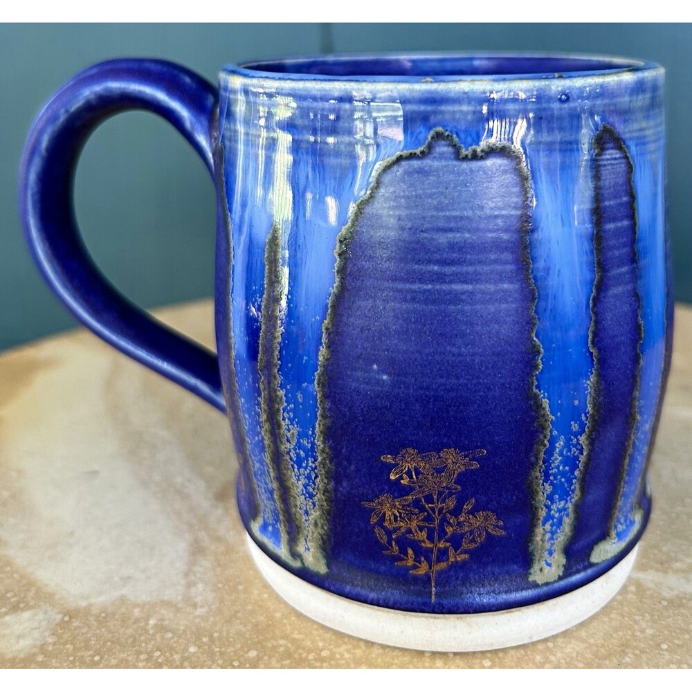 Studio Art Pottery Mug Blue Glaze Ceramic Gold Floral Signed Isaiah 64:8 KJL